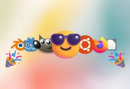 Floating 3D emoji of a smiling face with sunglasses with logos of open-source projects and party poppers 3d emojis on both sides, and a blured and colorful background.