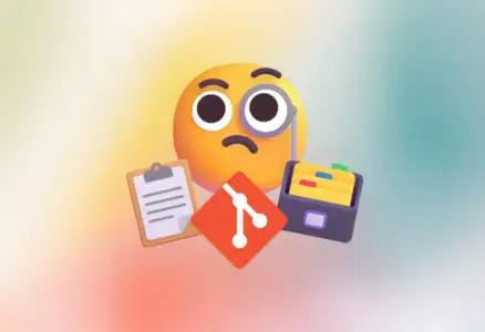 Floating 3D emoji of a face with a monocle, with a clipboard 3D emoji below, followed by the Git logo and another 3D emoji of a document organizer, with a colorful, blurred background.