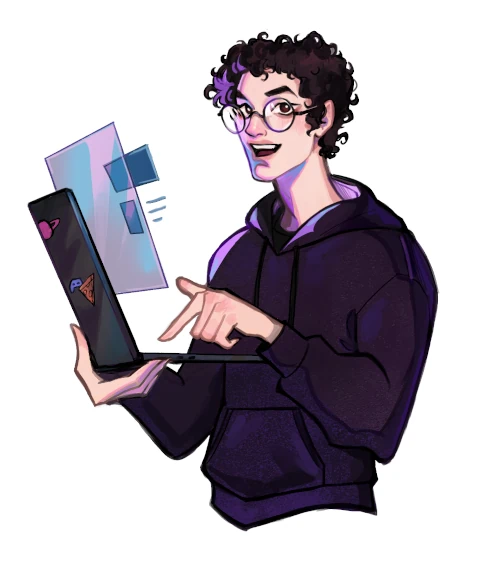 Ilustração do Júlio pelo artista Lunecornio, sorrindo de moletom roxo escuro, com óculos redondos, e cabelo curto cacheado preto, e segurando um computador portátil.
